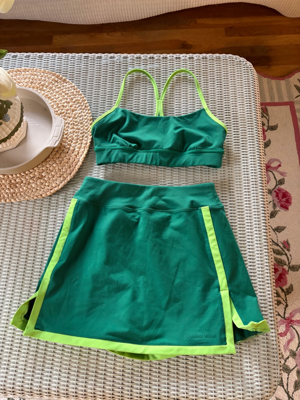 Outdoor Voices Emerald Green Top and Skirt with Neon Lime Trim